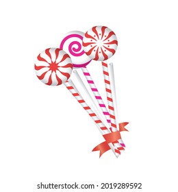 Ilustración vectorial de una caja de regalo abierta con lólipops sobre un fondo medio tono con rayos en tonos soleados. Presentación del producto, descuentos, regalo, venta, productos para bebés