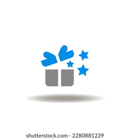 Vector illustration of open gift box with flying stars. Icon of marketing. Symbol of loyalty program, gift.