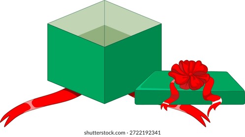 Ilustração vetorial de uma caixa de presente verde aberta com fita vermelha e tampa destacada.