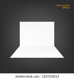 Vector illustration of open half-fold paper sheet with shadows. Empty white page on grey background. This blank can be used as a mock up, template and backgrounds for your own projects. EPS10 file.