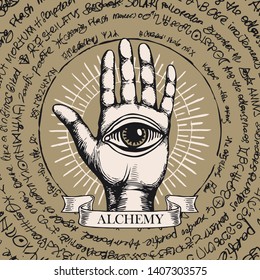 Vector illustration with open hand with all seeing eye symbol. Human palm with ancient hieroglyphs, medieval runes, spiritual symbols. Divination and prediction of the future