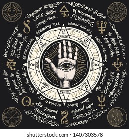 Vector illustration with open hand with all seeing eye symbol. Human palm with signs of the planets, ancient hieroglyphs, medieval runes, spiritual symbols. Divination and prediction of the future