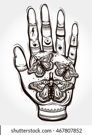 Vector illustration of open hand with death's head hawk moth. Trendy Vintage style element. Tattoo design, retro spirituality, occultism,  philosophy, death, magic.
