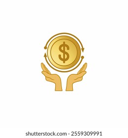 Vector illustration of an open hand icon with gold coins decorated with circular arrows. Suitable for concepts such as currency circulation, charity, and economic aid.