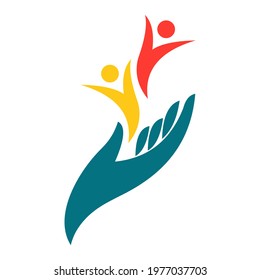 Vector illustration of open hand raised two happy abstract individuals. Wellness and harmony symbol. Success and Achievement icon.