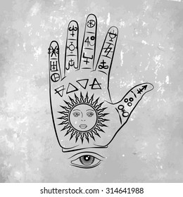 Vector illustration of open hand with sun tattoo, alchemy symbol with eyes and face. Abstract graphic with occult and mystic signs. Linear logo and spiritual design. Concept of magic, palm reading