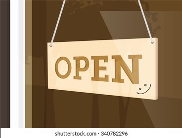 vector illustration of Open hanging sign with smiley face, coffee shop, glass reflection,Brown color 