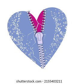 Vector illustration of an open heart with a zip. Design for valentine's day