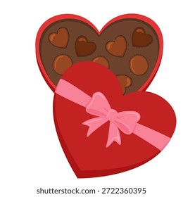 Ilustración vectorial de una caja abierta en forma de corazón de chocolates con un lazo rosa aislado en blanco. Caja de regalo roja con caramelos surtidos para la tarjeta de felicitación del día de San Valentín o etiqueta engomada romántica.