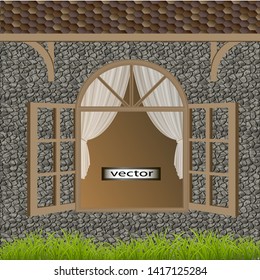 Vector illustration of an open house window in ancient styles under a tiled roof house n green grass