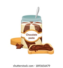 Vector illustration of an open jar of chocolate paste with a spoon inside. Sweet snack. Chocolate-nut paste.