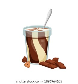 Vector illustration of an open jar of chocolate paste with a spoon inside. Sweet snack. Chocolate-nut paste.