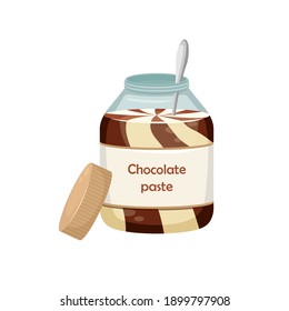 Vector illustration of an open jar of chocolate paste with a spoon inside. Sweet snack. Chocolate-nut paste.