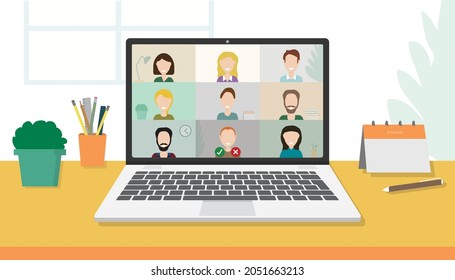 Vector illustration of an open laptop and an active video conversation. Concept of a home office, education, freelancing, and business meeting. Teamwork with colleagues on video chat and online course