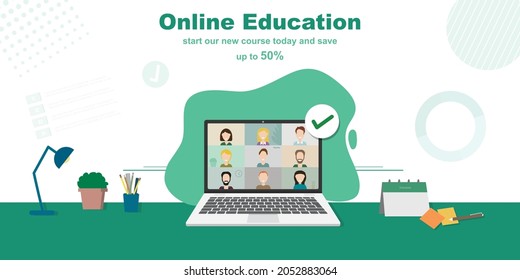 Vector illustration of an open laptop and an active video conversation. Concept of a home office, education, freelancing, and business meeting. Teamwork with colleagues on video chat and online course
