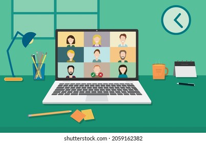 Ilustración vectorial de un portátil abierto y una conversación de vídeo activa. Concepto de una oficina en el hogar, educación, trabajo independiente y reunión de negocios. Trabajo en equipo con colegas en videochat y curso en línea