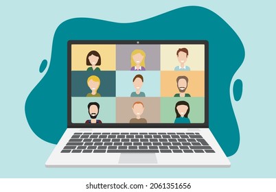 Vector illustration of an open laptop and an active video conversation. Concept of a home office, education, freelancing, and business meeting. Teamwork with colleagues on video chat and online course