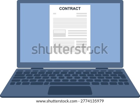Vector illustration of an open laptop with a digital business contract document on the screen.