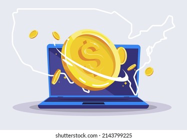 Vector illustration of an open laptop with a gold dollar coin on the background of the outline of the USA map, the national currency of the USA