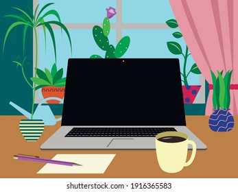 Vector illustration - an open laptop on a desk in a room with a window background and green indoor plants and a large cup of coffee and a copy space. Concept-remote work in the home office