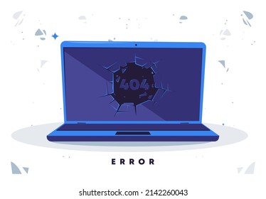 Vector illustration of an open laptop, a screen on the monitor screen of broken glass in the center, error 404