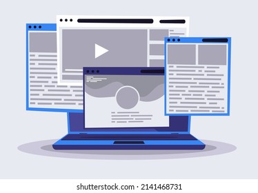 vector illustration of an open laptop with open web browser windows