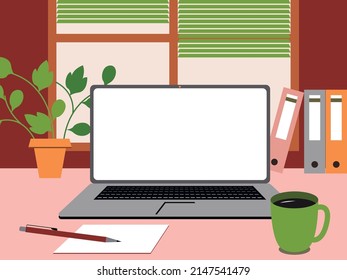 Vektorgrafik - ein offener Laptop mit weißem Bildschirm und Platz zum Kopieren auf einem Tisch mit Ordnern, Pflanzen im Innenbereich und einer Tasse Kaffee. Konzept: Fernbedienung und Heimbüro