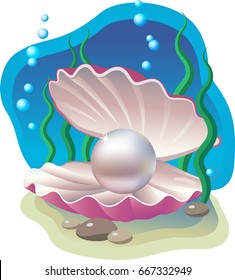 Vector illustration - open lilac shell with a pearl on a blue background of the sea bottom.