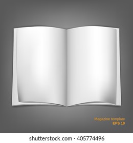 Vector illustration of open magazine double page spread with blank pages on grey background. Fully editable EPS10 file. It can be used as a mockup template of magazine or your different projects.