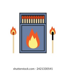 Vector illustration of an open matchbox with matches and burning symbol.