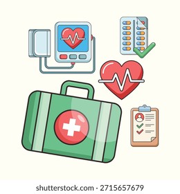 Ilustración vectorial de una caja abierta de botiquín de primeros auxilios médicos (P3K) que revela varios suministros de emergencia. Este diseño representa la preparación para emergencias, equipos de seguridad, rescate médico y herramientas hospitalarias. Perfecto para manuales de seguridad, educación médica y carteles de seguridad en el lugar de trabajo. Aislado sobre fondo blanco.