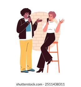 Vector illustration of an open microphone, in which a young guy and a comedian girl with microphones in their hands utter a humorous dialogue on stage