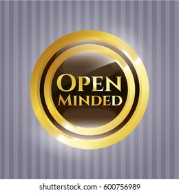 Vector illustration of Open Minded gold shiny badge icon in brown and golden.
