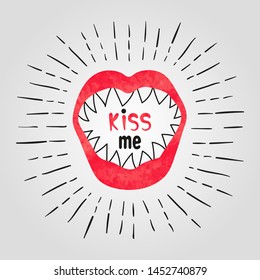 Vector illustration of open mouth with teeth. Kiss me symbol.	