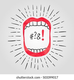 Vector illustration of open mouth with teeth. Watercolor loud noise symbol. 