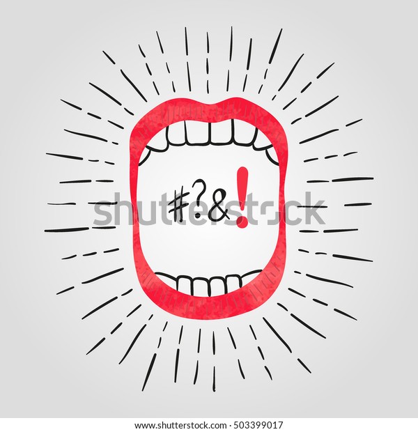 Vector illustration of open mouth with teeth.\
Watercolor loud noise symbol.\
