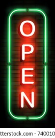 Vector illustration of Open neon sign on brick wall