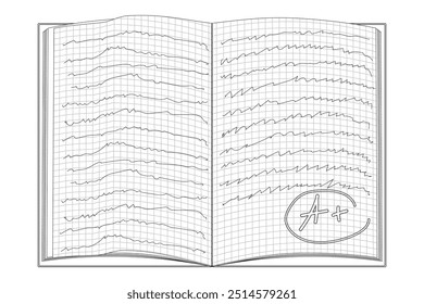 Vector illustration of an open notebook with grid paper and handwritten lines, perfect for back-to-school coloring books and educational materials.