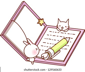 Eine Vektorgrafik von offenen Notebooks mit Stift
