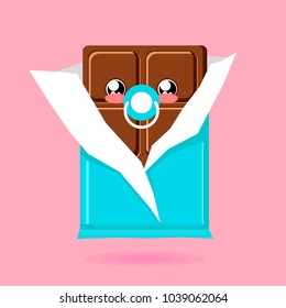 Vector illustration. An open package of chocolate bars. Lovely postcard of cute baby chocolate emotions, eyes and heart. All items are seperated.