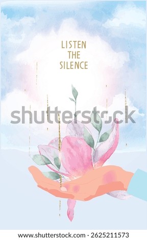 Vector illustration of open palm with a  with a blossoming flower and green plants.Meditation and silence, forgiveness, open your heart, create love, do good deeds. Thinking positive and feel happy.