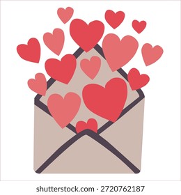 Ilustración vectorial de un sobre de papel abierto con varios corazones rojos y rosados volando, simbolizando una carta de amor o un mensaje romántico para el Día de San Valentín.