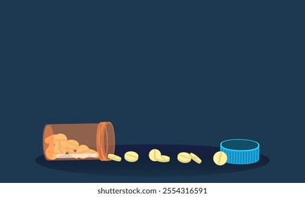 Vector illustration of an open pill bottle with scattered tablets, symbolizing medication, healthcare, and pharmaceutical concepts.