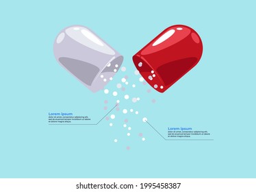 Vector illustration of an open pill capsule, pellets falling out of the capsule, the composition of the pill