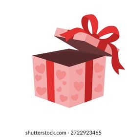 Ilustración vectorial de una caja de regalo rosa abierta con arco rojo y patrón de corazón aislado en blanco. Empaquetado romántico del presente para el día de San Valentín o la sorpresa del cumpleaños.