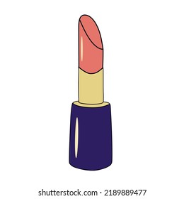Vector illustration. Open pink lipstick in a blue bottle. Isolated object on white background. Lips, kiss, glare, makeup, beauty, girl.
