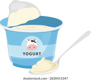 Vector illustration of an open plastic cup of plain yogurt with a cute cow pattern label, open foil lid, and a spoon filled with creamy yogurt. Isolated on transparent background.