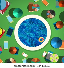 Vector illustration of open pool with sun ambrellas