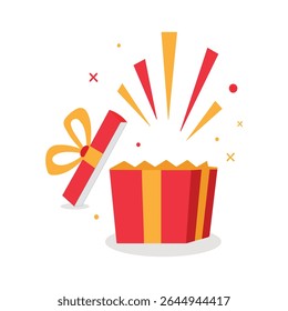 A vector illustration of an open red gift box with a yellow ribbon, showing an explosion of surprise with bursting rays and decorative elements around it. The lid of the box is tilted and floating wit