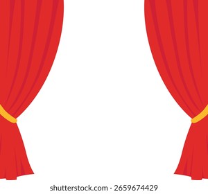  Vector illustration of open red stage curtains with golden ties. Ideal for theater, performance backdrops, classic presentations, or dramatic themes.